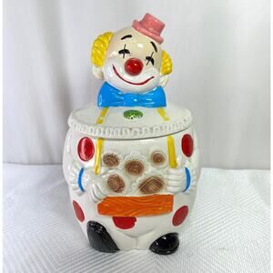 Circus Clown Cookie Jar White Ceramic Vintage 10" Tall Retro Condition Issues